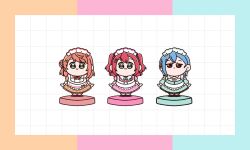 3girls :3 ai_scream!_(love_live!) aiscream_(love_live!) aqua_dress aqua_eyes blue_border blue_hair border bun_with_braided_base buttons chibi chibi_only closed_mouth commentary_request crossed_bangs detached_collar double-breasted dress full_body green_eyes grid_background hair_bun highres kurosawa_ruby looking_at_viewer love_live! love_live!_nijigasaki_high_school_idol_club love_live!_sunshine!! love_live!_superstar!! multicolored_border multiple_girls official_alternate_costume orange_border orange_dress orange_hair photoshop_(medium) pink_border pink_dress red_eyes red_hair rumu_(pop_step_juump) short_hair single_side_bun smile straight-on two_side_up uehara_ayumu wakana_shiki
