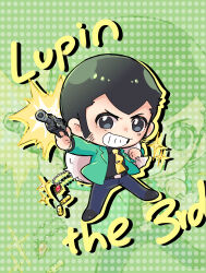 Rule 34 | 1boy, arsene lupin iii, belt, black belt, black hair, character name, chibi, chibi only, copyright name, daijie jiao chu lian zhe key, green jacket, grin, gun, handgun, highres, holding, holding gun, holding sack, holding weapon, jacket, long sideburns, lupin iii, male focus, necktie, sack, sideburns, smile, sparkle, walther, walther p38, weapon, yellow necktie, zoom layer