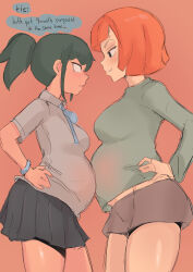 2girls absurdres belly-to-belly blunt_bangs blunt_ends blush breasts bright_pupils cafin cowboy_shot dark-skinned_female dark_skin english_text female_focus from_side girlfriend_(yoru_mac) green_eyes green_hair green_sweater grin hands_on_own_hips highres large_breasts looking_at_another mature_female miniskirt mother_(yoru_mac) multiple_girls orange_hair ponytail pregnant profile rivalry sanpaku short_ponytail short_shorts shorts sidelocks simple_background sketch skirt smile speech_bubble standing sweater yoru_mac