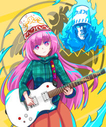 1boy 1girl adapted_costume blue_hoodie bubble_skirt bucket bucket_of_chicken bucket_on_head buckethead closed_mouth cowboy_shot electric_guitar expressionless eyelashes gibson_les_paul guitar hata_no_kokoro highres holding holding_instrument hood hoodie instrument kfc long_hair long_sleeves looking_at_viewer music object_on_head okema orange_skirt pink_eyes pink_hair plaid_clothes plaid_hoodie playing_instrument real_life skirt touhou very_long_hair zipper_pull_tab