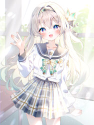 1girl :d absurdres aqua_hair blush commentary_request day firefly_(honkai:_star_rail) firefly_(spring_missive)_(honkai:_star_rail) grey_hair grey_skirt hair_between_eyes hair_ornament highres honkai:_star_rail honkai_(series) indoors kise_inaka long_hair long_sleeves looking_at_viewer multicolored_hair official_alternate_costume open_mouth pleated_skirt purple_eyes school_uniform serafuku shirt skirt smile solo very_long_hair white_shirt