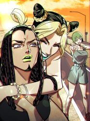 3girls artist_request black_hair blonde_hair blue_lips blue_overalls bracelet braid braided_ponytail breasts bun_with_braided_base commentary_request commission dark-skinned_female dark_skin double_bun dreadlocks ermes_costello foo_fighters_(jojo) forehead_tattoo green_hair green_lips hair_bun highres jewelry jojo_no_kimyou_na_bouken korean_commentary kuujou_jolyne lens_flare medium_breasts multicolored_hair multiple_bracelets multiple_girls overalls purple_eyes road second-party_source short_hair smile stone_ocean two-tone_hair v yellow_eyes