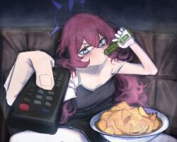 ahiru_(ahahahahiru) blue_archive bottle bowl chips_(food) controller couch drinking food halo highres holding holding_bottle holding_remote_control iroha_(blue_archive) long_hair man_watching_tv_(meme) meme red_hair remote_control singlet solo spaghetti_strap