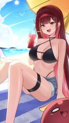 1girl absurdres akane_lize bare_arms bare_shoulders beach bikini black_bikini black_choker blue_shorts breasts brown_eyes choker cleavage commentary_request criss-cross_halter cup denim denim_shorts drinking_glass fang feet_out_of_frame g_godocbaek hair_ornament hairclip halterneck highleg highres holding holding_cup knees_up korean_commentary large_breasts long_hair looking_at_viewer mole mole_on_cheek multicolored_hair navel open_mouth outdoors pienna_(akane_lize) red_hair short_shorts shorts sitting smile solo stellive stomach streaked_hair string_bikini swimsuit thigh_strap very_long_hair virtual_youtuber