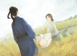 1boy 1girl :o anisatoshii artist_name basen_(kusuriya_no_hitorigoto) bird brown_hair chinese_clothes day duck field highres kusuriya_no_hitorigoto lishu_(kusuriya_no_hitorigoto) outdoors rock short_hair sidelocks water