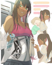 1girl absurdres bare_shoulders blonde_hair blush bra dark_skin ecomoesty green_eyes highres hug jersey long_hair long_sleeves mechabare multicolored_hair original pink_bra pleated_skirt shirt skirt smelling two-tone_hair underwear white_shirt