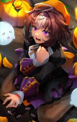 Rule 34 | 1girl, @ @, ahoge, amekudaki, animal ears, black dress, black footwear, black pantyhose, blush, brooch, candy, commentary request, dress, ear covers, food, frilled dress, frills, ghost ornament, hairband, high heels, highres, horse ears, horse girl, horse tail, jack-o&#039;-lantern brooch, jewelry, juliet sleeves, lantern, long sleeves, looking at viewer, meisho doto (dot-o&#039;-lantern) (umamusume), meisho doto (umamusume), multicolored hair, official alternate costume, open mouth, pantyhose, parted lips, puffy sleeves, purple eyes, purple hairband, single ear cover, sitting, solo, streaked hair, tail, umamusume, wariza, white hair