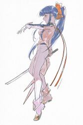 1girl artist_name ass blue_hair blunt_bangs boots bow breasts fighting_stance from_side full_body grey_shirt hair_bow highres holding holding_sword holding_weapon katana long_hair long_sleeves medium_breasts pants ponytail profile red_bow sakura_taisen serious shinguuji_sakura shirt sideboob simple_background solo standing sword ueno_zousui very_long_hair weapon white_background white_boots white_pants