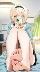 1girl aqua_eyes barefoot bedroom black_hairband black_skirt blonde_hair blue_jacket bob_cut cellphone commentary curtains full_body hair_flaps hairband highres holding holding_phone hololive hood hooded_jacket hoshimachi_suisei indoors jacket kazama_iroha kazama_iroha_(school_uniform) knees_up mamdtsubu miniskirt official_alternate_costume official_alternate_hair_length official_alternate_hairstyle partially_unzipped phone pleated_skirt pokobee school_uniform short_hair sitting skirt smartphone soles solo symbol-only_commentary toes virtual_youtuber