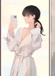 1girl absurdres bathrobe black_eyes black_hair breasts cellphone chainsaw_man cleavage closed_mouth commentary english_commentary highres holding holding_phone kumah_dessu long_hair mitaka_asa phone selfie small_breasts smartphone solo