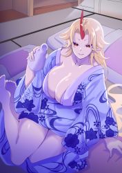 1girl blonde_hair breasts highres horn hoshiguma_yuugi large_breasts smile solo touhou
