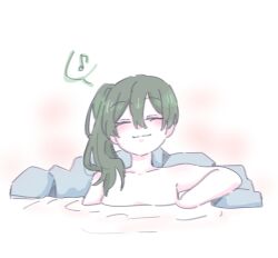 Rule 34 | 1girl, bath, bathing, closed eyes, closed mouth, collarbone, eighth note, facing viewer, green hair, highres, long hair, musical note, nude, partially submerged, ripples, seila rei, side ponytail, smile, solo, sousou no frieren, spoken musical note, ubel (sousou no frieren), water, white background