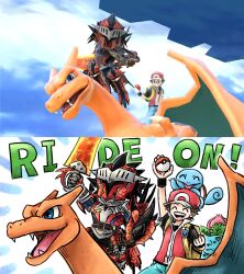 baseball_cap brown_hair charizard game_freak gen_1_pokemon hat holding holding_poke_ball holding_shield holding_sword holding_weapon ivysaur kicdon mii_(nintendo) monster_hunter_(character) monster_hunter_(series) nintendo poke_ball poke_ball_(basic) pokemon pokemon_(creature) pokemon_frlg rathalos_(armor) red_(pokemon) riding riding_pokemon shield squirtle super_smash_bros. sword vs_seeker weapon