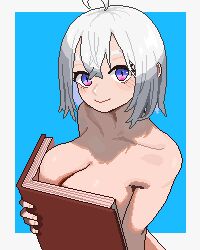 1girl blue_background blush boobs_in_book_(meme) book border collarbone completely_nude holding holding_book lamily looking_at_viewer meme nude original pixel_art solo solo_focus upper_body white_background white_border white_hair