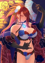 1girl ahoge arm_up bare_shoulders black_gloves blue_fire blue_flower blue_rose bra breasts cleavage commentary_request cowboy_shot earrings egasumi elbow_gloves elizabeth_rose_bloodflame elizabeth_rose_bloodflame_(new_year) fire floral_print floral_print_kimono flower folding_fan gloves grin hair_flower hair_ornament hand_fan highres holding holding_fan hololive hololive_english huge_ahoge japanese_clothes jewelry kimono lace lace-trimmed_bra lace-trimmed_panties lace_trim large_breasts lingerie long_hair looking_at_viewer off_shoulder official_alternate_costume official_alternate_hairstyle open_clothes open_kimono paid_reward_available panties pawz212 ponytail print_kimono red_eyes red_hair rose smile solo standing tassel tassel_earrings underwear virtual_youtuber white_bra white_flower white_panties white_rose yellow_flower
