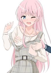 2girls absurdres bang_dream! bang_dream!_it&#039;s_mygo!!!!! blush chihaya_anon commentary_request dark_skin dress grey_dress grey_eyes groping highres long_hair long_sleeves multiple_girls mussu_(chilachika_mm) nagasaki_soyo one_eye_closed open_mouth pinafore_dress pink_hair plaid_clothes plaid_dress school_uniform shirt simple_background sleeveless sleeveless_dress solo tsukinomori_school_uniform white_background white_shirt