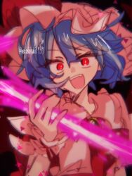 1girl blue_hair cookie_(touhou) crazy_smile fang hat holding holding_weapon looking_at_viewer mob_cap nekodaisuki3737 open_mouth red_eyes remilia_scarlet smile solo tagme touhou upper_body weapon