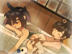 2boys bath bathing bathtub black_hair blush brown_hair bubble closed_eyes crossed_bangs florian_(pokemon) furret gen_2_pokemon highres hugging_own_legs indoors kieran_(pokemon) male_focus mole mole_on_neck multiple_boys nintendo nude open_mouth paldean_wooper pokemon pokemon_(creature) pokemon_sv purple_hair same-sex_bathing shared_bathing sitting suikaels wet yellow_eyes