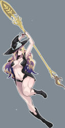 1girl absurdres arms_behind_head blonde_hair blush boots breasts female_focus green_eyes grey_background gungnir_(toaru) hat highres holding holding_polearm holding_spear holding_weapon julioalqae long_hair medium_breasts navel othinus outline polearm solo spear thighs toaru_majutsu_no_index weapon white_outline witch_hat