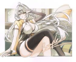 1girl absurdres ahoge asymmetrical_gloves black_shorts breasts cleavage crossed_legs elbow_gloves fingerless_gloves floating_hair gloves high-waist_shorts highres jacket large_breasts long_hair mole mole_on_breast open_clothes open_jacket shion_due shorts single_elbow_glove single_hair_intake single_thighhigh thighhighs uneven_gloves white_hair yellow_eyes yellow_jacket yi_xuan_(zenless_zone_zero) yin_yang_pin zenless_zone_zero