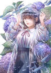 1girl absurdres braid breasts coat cowboy_shot fish flower grey_skirt highres hood hood_up hydrangea lenta long_hair long_sleeves looking_at_viewer medium_breasts neck_ribbon open_clothes open_coat original parted_lips plant pleated_skirt purple_flower raincoat ribbon see-through_clothes see-through_raincoat shirt side_braid skirt solo wet white_shirt