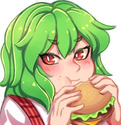 1girl blush burger cheese eating food food_on_face green_hair hair_between_eyes hanaarts holding holding_food kazami_yuuka lettuce medium_hair red_eyes red_vest shirt simple_background touhou vest white_background white_shirt