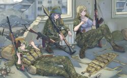 3girls absurdres assault_rifle bandana camouflage camouflage_jacket camouflage_pants cigarette gun helmet highres holding holding_cigarette jacket kalashnikov_rifle military military_combat_uniform military_uniform moe_internationale multiple_girls original pants rifle rocket_launcher rpg rpg-7 rpg_(weapon) sarashi shirt soviet striped_clothes striped_shirt vdv weapon
