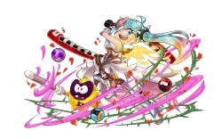 Rule 34 | 1girl, ahoge, aqua eyes, aqua hair, armored boots, armored gloves, artist request, belt, black outline, boots, brown belt, collared dress, commentary, cross, crossover, dress, drone, dual wielding, empire waist, english commentary, english text, eyepatch, fake wings, full body, game cg, gradient hair, green outline, gumchi, high-low dress, highres, holding, holding weapon, ippon katana, iron cross, knee boots, leg up, long dress, long hair, lucy (ninjala), medical eyepatch, multicolored hair, ninjala, o-ring, official art, open mouth, outline, parted bangs, pink hair, plant, purple outline, puzzle &amp; dragons, red eyes, red outline, red petals, red ribbon, ribbon, second-party source, sharp teeth, shinai, shuriken, silver armor, spiked hair ornament, sword, tachi-e, teeth, tongue, two-sided dress, two-sided fabric, two-tone hair, upper teeth only, very long hair, vines, weapon, white background, white dress, wings, yellow outline, yellow wings