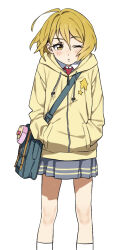 1girl bag blonde_hair grey_skirt hands_in_pockets hiji_rida hood hood_down hoodie hugtto!_precure kagayaki_homare miniskirt necktie one_eye_closed pleated_skirt precure school_bag school_uniform shirt short_hair shoulder_bag simple_background skirt solo striped_clothes striped_skirt white_background yellow_eyes yellow_hoodie