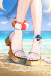 1girl absurdres blonde_hair blue_nails blue_sky day feet feet_only fins fish_tail foot_focus highres indie_virtual_youtuber lifebuoy_ornament long_hair luke_s_(artist) nail_polish ocean outdoors sameko_saba sandals sky solo tail toenail_polish toenails virtual_youtuber