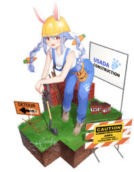 1girl alternate_costume animal_ears artist_name belt blue_hair blue_pants braid brown_shoes character_name collarbone commentary_request english_text explosive food-themed_hair_ornament full_body grass hair_between_eyes hair_ornament hat helmet highres holding hololive leaning_forward long_braid long_hair looking_at_viewer minecraft open_mouth overalls pants planted planted_shovel rabbit_ears red_eyes shirt shoes shovel sign skyrail sleeveless smile socks solo standing tail tnt tnt_block_(minecraft) tool_belt twin_braids usada_pekora virtual_youtuber white_background white_hair white_shirt