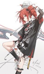 1girl absurdres arm_warmers black_ribbon black_shirt black_socks blush closed_mouth drill_hair hair_ribbon highres kasane_teto kieed kneehighs leash red_eyes red_hair red_nails ribbon shirt shoes skirt socks solo standing standing_on_one_leg t-shirt twin_drills utau white_shoes white_skirt