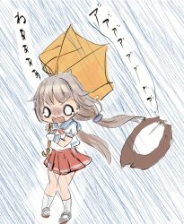 blue_sailor_collar bokukawauso broken_umbrella grey_hair kantai_collection long_hair low_twintails mikura_(kancolle) o_o otter pleated_skirt puffy_short_sleeves puffy_sleeves rain red_skirt sailor_collar sailor_shirt shirt short_sleeves skirt twintails wavy_mouth white_shirt wind wss_(nicoseiga19993411)