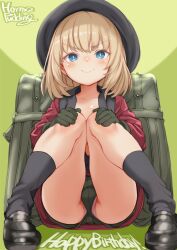 1girl artist_name backpack bag beret birthday black_hat black_shirt black_shoes black_socks blonde_hair blue_eyes bob_cut closed_mouth commentary english_text full_body girls_und_panzer gloves green_background green_gloves green_shorts hands_on_own_knees happy_birthday hat highres jacket katyusha_(girls_und_panzer) loafers long_sleeves looking_at_viewer m_legs panties panty_peek pink_panties puddinghomhom red_jacket shirt shoes short_hair short_shorts shorts signature sitting smile socks solo underwear upshorts