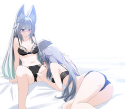 Rule 34 | 2girls, :d, absurdres, ahoge, animal ear fluff, animal ears, arm support, ass, bare arms, bare legs, bare shoulders, bed sheet, black bra, black panties, blunt bangs, blush, bow, bow bra, bow panties, bra, breasts, cleavage, closed mouth, collarbone, commentary request, crotch seam, feet out of frame, fox ears, fox tail, gradient hair, grey hair, hair between eyes, hand on another&#039;s leg, hand on another&#039;s thigh, highres, kikyo (vrchat), lace, lace-trimmed bra, lace-trimmed panties, lace trim, large breasts, lingerie, long hair, looking at another, lying, medium breasts, multicolored hair, multiple girls, navel, nose blush, on bed, on side, open mouth, panties, purple bow, purple eyes, sidelocks, simple background, sitting, smile, spread legs, stomach, suzuki-shi, tail, thighs, tongue, underwear, underwear only, very long hair, vrchat, white background, wolferia (vrchat), yuri