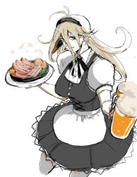 1girl alcohol alternate_costume antenna_hair apron beer beer_mug black_dress black_hairband blonde_hair blue_eyes blush breasts commentary_request cup danganronpa_(series) danganronpa_v3:_killing_harmony dress enmaided eyelashes food hair_between_eyes hairband holding holding_tray iruma_miu koikeya_(zam) long_hair long_sleeves looking_at_viewer maid mug puffy_short_sleeves puffy_sleeves shirt short_sleeves smile solo tray very_long_hair waist_apron waitress wavy_hair