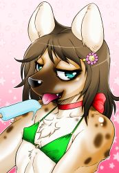 aoi_takayuki bikini bow choker colorized crossdressing food furry hair_ornament hairclip hyena ice_cream long_hair naughty_face swimsuit tongue tongue_out