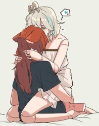 Rule 34 | 2girls, animal ears, black shirt, blue hair, cecilia immergreen, commentary, doll joints, fongban illust, grey background, hakos baelz, hand in another&#039;s hair, heart, hololive, hololive english, joints, long hair, mouse ears, multicolored hair, multiple girls, pink shorts, red hair, shirt, shorts, simple background, sitting, sitting on lap, sitting on person, spoken heart, streaked hair, symbol-only commentary, virtual youtuber, white hair, winding key, yuri