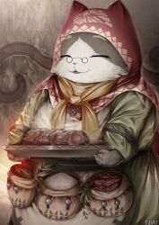 1girl :3 animal_ears animal_hands animal_nose apron belt_pouch cat_ears cat_girl claws closed_eyes commentary_request dress felyne food food_request furry furry_female gdat glasses grammeowster_chef green_dress headscarf highres holding holding_food holding_tray leaf monster_hunter:_world monster_hunter_(series) old old_woman pouch solo tray whiskers