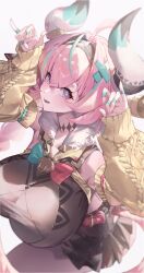 1girl absurdres ahoge animal_ears aqua_hair arms_up bell black_skirt braid breasts chun_nam cow_ears cow_girl cow_horns cow_tail cowbell detached_sleeves from_above fur_trim genshin_impact hair_between_eyes hair_ornament hairband head_tilt highres horns horns_pose large_breasts long_hair looking_at_viewer multicolored_hair open_mouth pink_hair purple_eyes skirt solo streaked_hair tail twin_braids varesa_(genshin_impact) yellow_sleeves