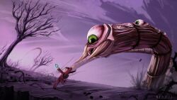 1other absurdres bare_tree benii21 eater_of_worlds_(terraria) extra_eyes green_eyes highres horns mirror monster outdoors pants player_character_(terraria) purple_sky red_pants sharp_teeth signature sky teeth terraria tree worm