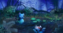 azumarill creatures_(company) drawfag closed_eyes game_freak gen_1_pokemon gen_2_pokemon goldeen highres lily_pad log nintendo no_humans open_mouth outdoors plant pokemon pokemon_(creature) pond ripples sitting tree water