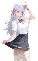 Rule 34 | 1girl, absurdres, alisa mikhailovna kujou, ass, blue eyes, blush, bow, clothes lift, hair ribbon, hand up, highres, long hair, looking at viewer, miniskirt, open mouth, rasipan, red bow, red ribbon, ribbon, school uniform, shirt, simple background, skirt, skirt lift, solo, thighhighs, thighs, tokidoki bosotto roshia-go de dereru tonari no alya-san, white background, white hair, white shirt, white thighhighs