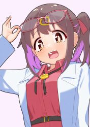 1girl :d belt bespectacled black_hair bolo_tie brown_eyes commentary eyewear_lift glasses hair_ornament hairclip happyundergate highres lab_coat long_hair long_sleeves looking_at_viewer multicolored_hair onii-chan_wa_oshimai! open_mouth oyama_mihari pink_background purple_hair red-framed_eyewear red_shirt shirt simple_background smile solo twintails two-tone_hair upper_body wing_collar