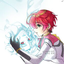 1boy 1girl absurdres amate_yuzuriha aqua_eyes gundam gundam_gquuuuuux highres looking_at_another looking_at_viewer mecha_pilot_suit open_mouth red_eyes red_hair shirt short_hair shuji_ito simple_background spirit upper_body upside-down white_background yzcoshou
