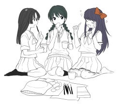 Rule 34 | 3girls, ageha (kyoukai no rinne), black hair, blue eyes, breasts, eating, closed eyes, grey eyes, hair ornament, heart, kyoukai no rinne, long hair, mamiya sakura, multiple girls, open mouth, pocky, purple hair, ribbon, school uniform, shima renge, skirt, socks, thighhighs