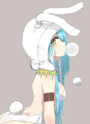 Rule 34 | 1girl, alternate costume, animal ear hood, animal ears, arm strap, backless leotard, blowing bubbles, blue hair, breasts, brown background, chewing gum, commentary, detached hood, fake animal ears, fake tail, from side, fur-trimmed hood, fur trim, girls&#039; frontline, highres, hood, leotard, long hair, looking at viewer, m249 saw (girls&#039; frontline), playboy bunny, simple background, solo, tail, white leotard, yellow eyes, zafuri (yzrnegy)