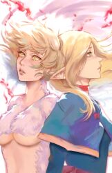 2girls belt blonde_hair blue_capelet blue_dress blush bow breasts capelet choker dress dungeon_meshi falin_touden feathers floating_hair green_eyes highres lips long_hair long_sleeves looking_to_the_side looking_up marcille_donato medium_breasts multiple_girls oz_starr pink_bow pointy_ears purple_belt red_choker short_hair simple_background single_sidelock teeth upper_body white_background white_feathers yellow_eyes