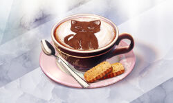 cat coffee cracker cup food food_focus game_cg indoors latte_art magia_record:_mahou_shoujo_madoka_magica_gaiden mahou_shoujo_madoka_magica no_humans official_art saucer spoon steam table teacup tsuduki_neko