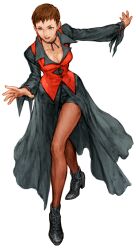 1girl absurdres black_boots boots breasts brown_hair capcom_vs_snk choker cleavage earrings full_body game_cg highres jewelry large_breasts long_skirt looking_ahead nishimura_kinu non-web_source official_art outstretched_arms pantyhose pantyhose_under_shorts ribbon_choker short_hair shorts shorts_under_skirt skirt smile solo the_king_of_fighters vest vice_(kof) waistcoat